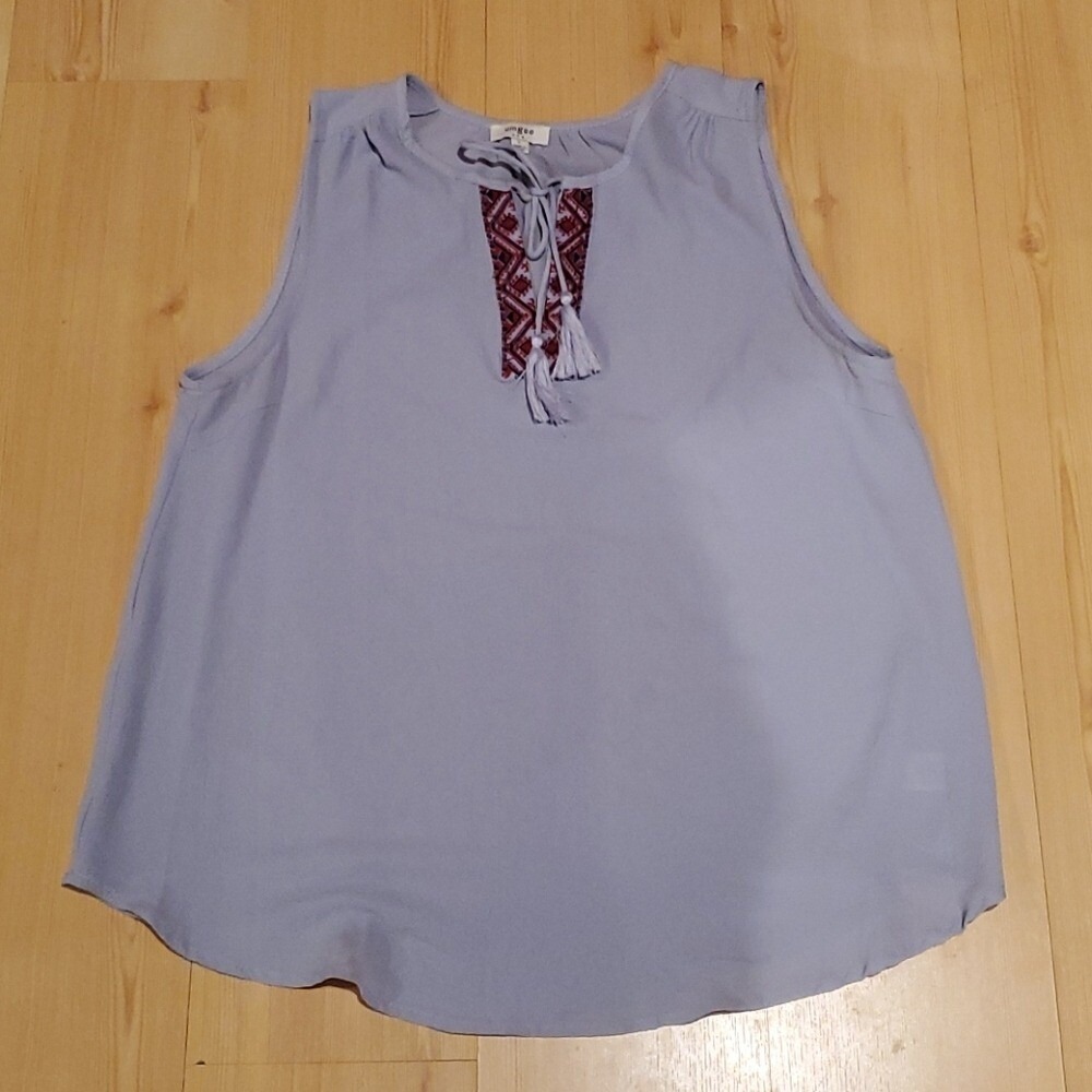 Umgee Periwinkle Blue‎ Sleeveless Embroidered Tassel Tie Boho Blouse Top